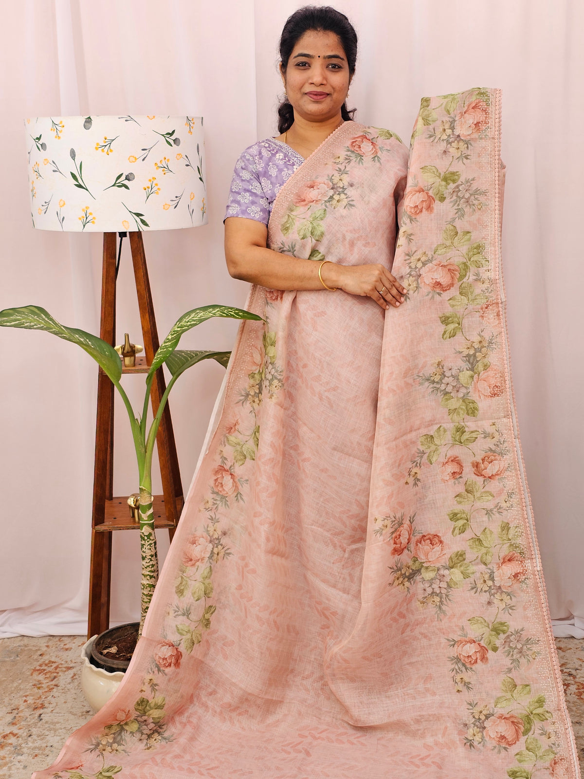 Linen Tissue with Digital Prints and Pita Work - Peach