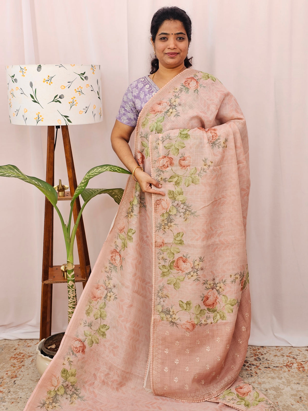 Linen Tissue with Digital Prints and Pita Work - Peach
