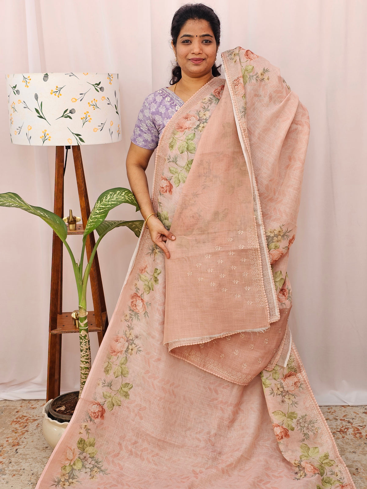 Linen Tissue with Digital Prints and Pita Work - Peach