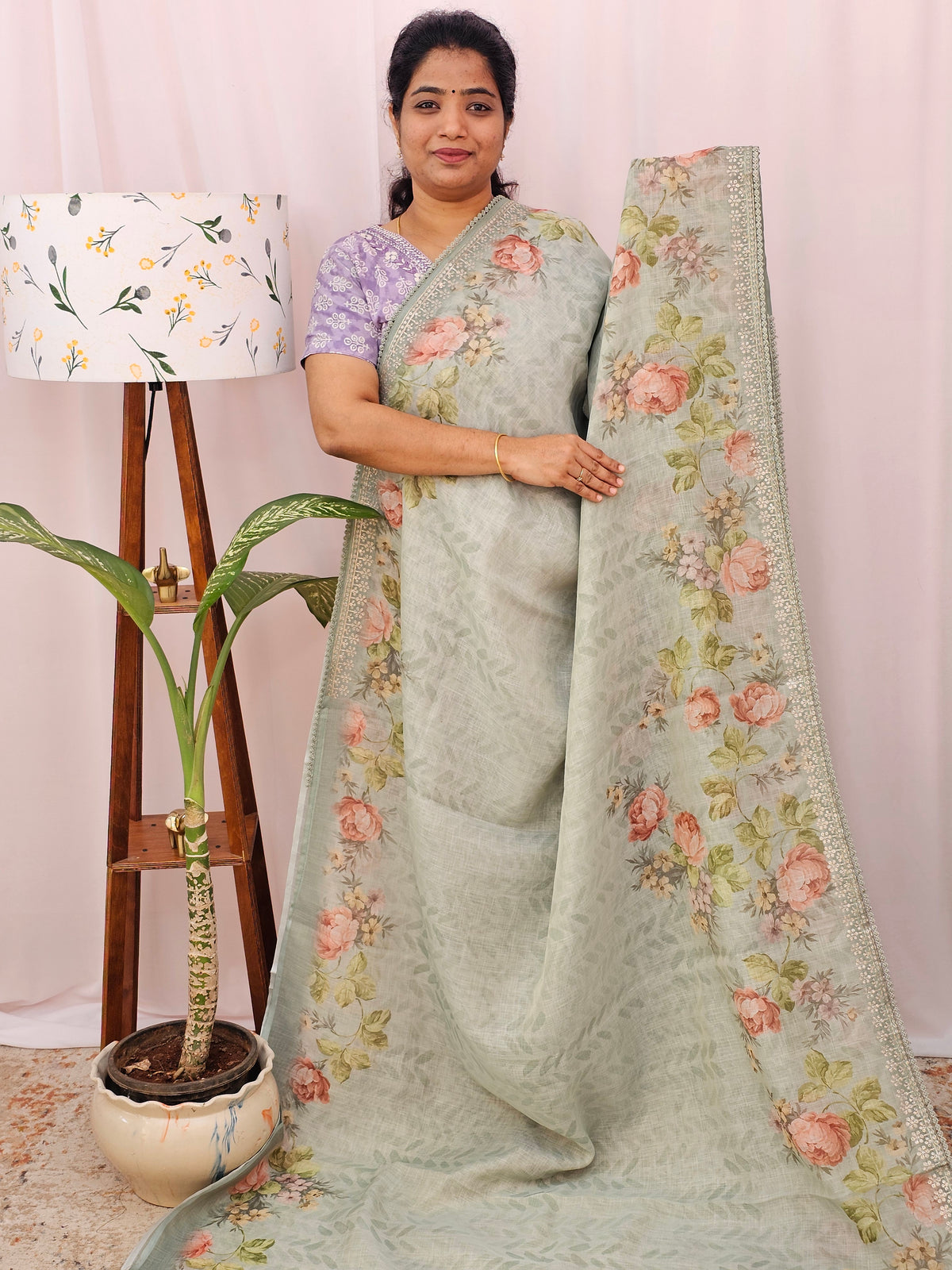 Linen Tissue with Digital Prints and Pita Work - Green