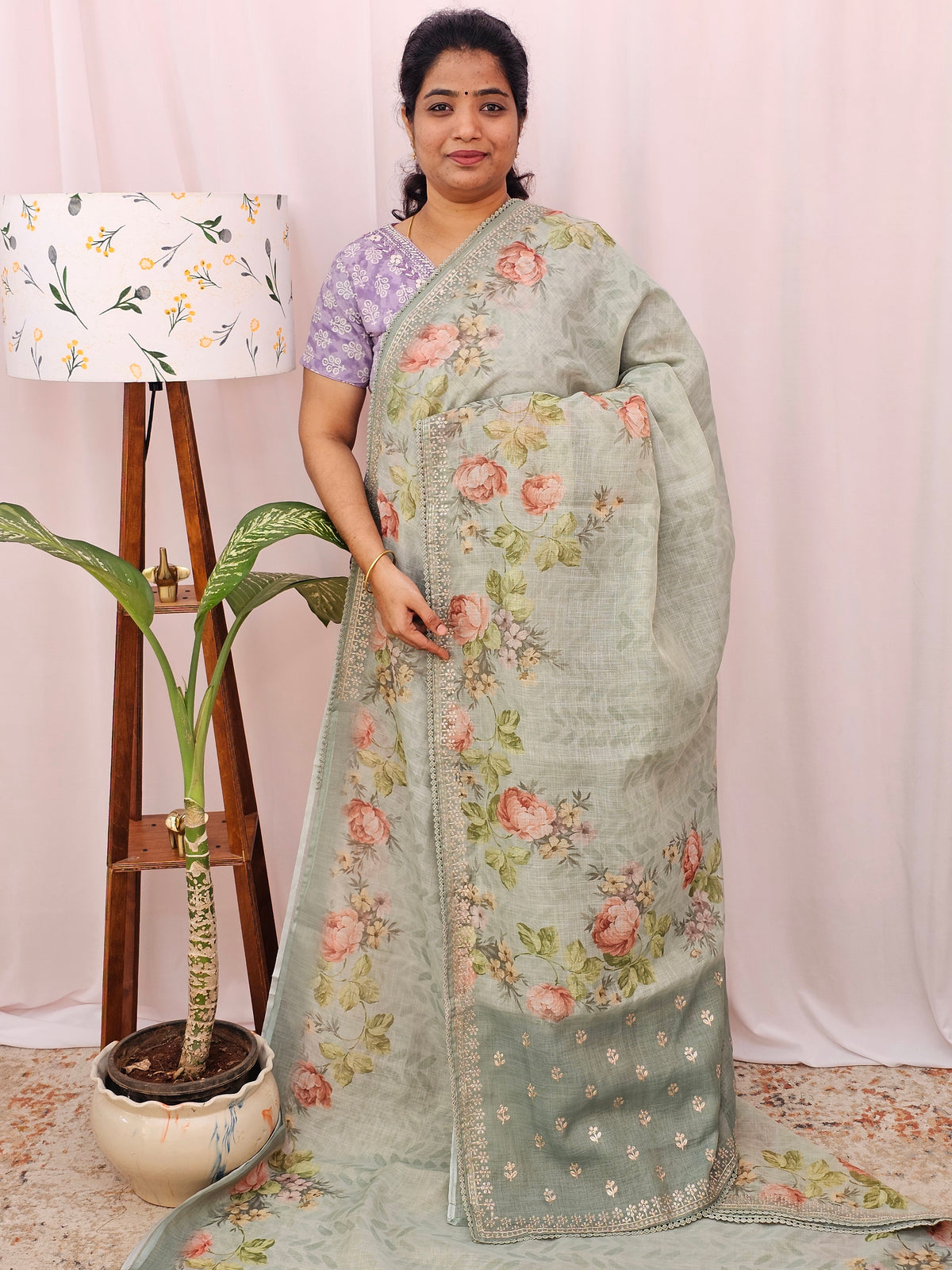Linen Tissue with Digital Prints and Pita Work - Green