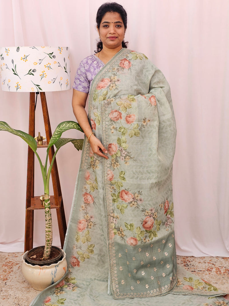 Linen Tissue with Digital Prints and Pita Work - Green