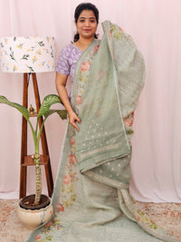 Linen Tissue with Digital Prints and Pita Work - Green