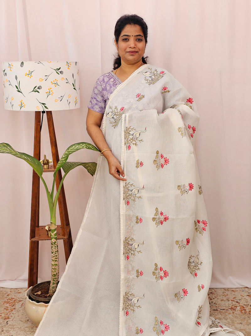 Premium Semi Tussar Kota Weaving Saree - White