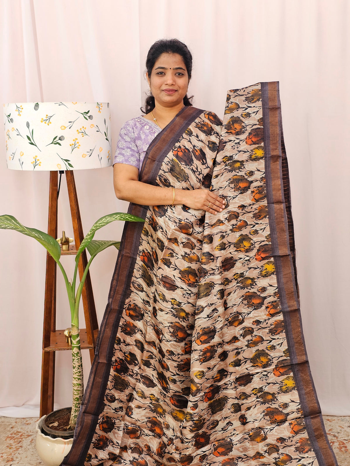 Pure Tussar Silk with Hand Paint - light Onion Pink with Brown
