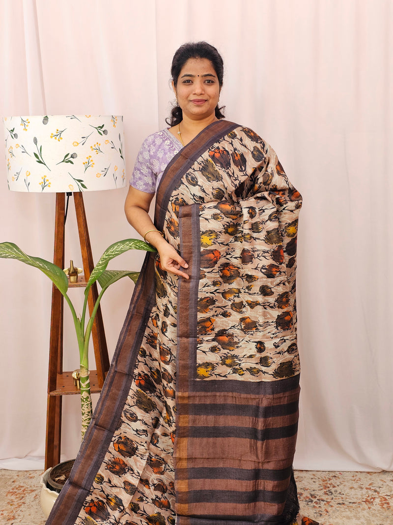 Pure Tussar Silk with Hand Paint - light Onion Pink with Brown