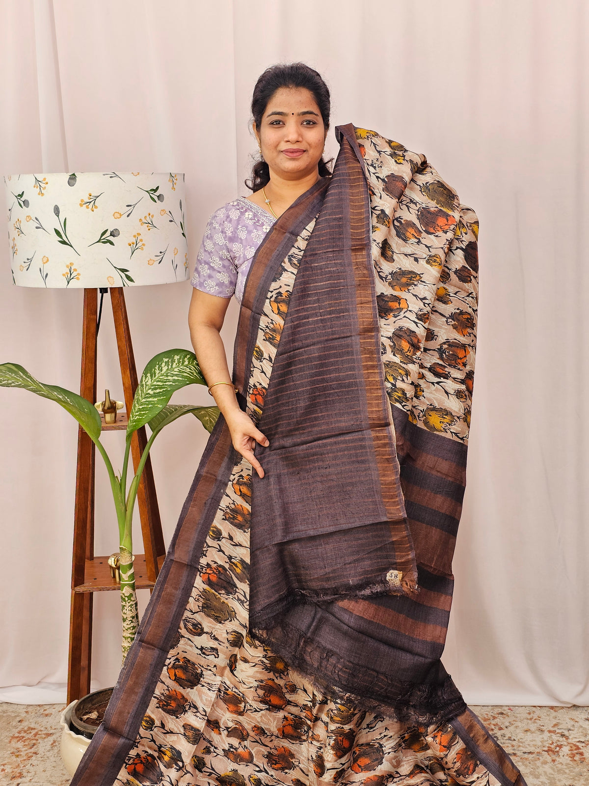 Pure Tussar Silk with Hand Paint - light Onion Pink with Brown