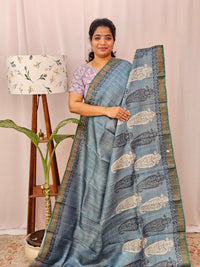 Pure Tussar Silk with Hand Paint - Grey with Sea Green