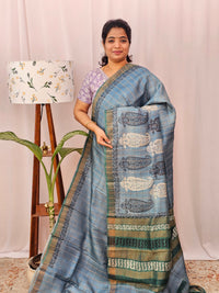 Pure Tussar Silk with Hand Paint - Grey with Sea Green