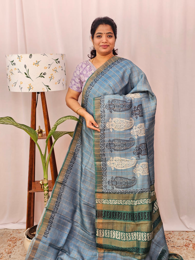 Pure Tussar Silk with Hand Paint - Grey with Sea Green