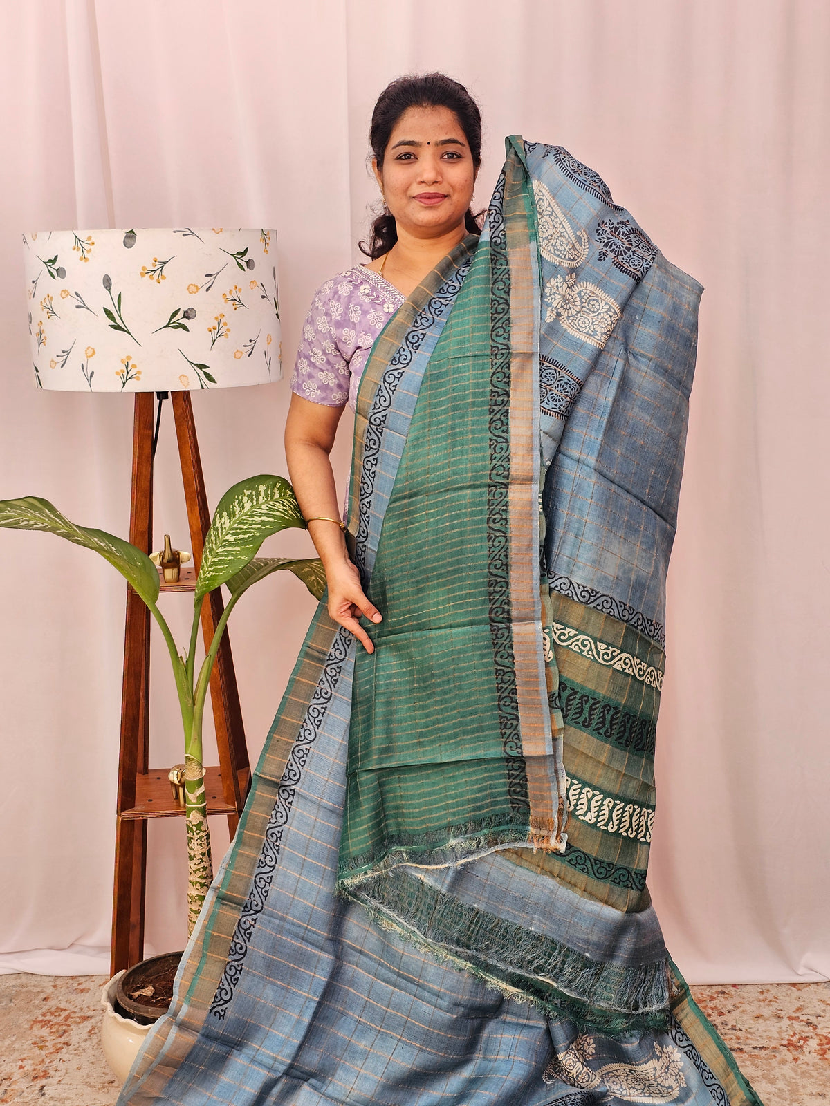 Pure Tussar Silk with Hand Paint - Grey with Sea Green