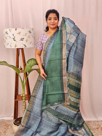 Pure Tussar Silk with Hand Paint - Grey with Sea Green