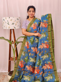 Pure Tussar Silk with Hand Paint - Blue with Green