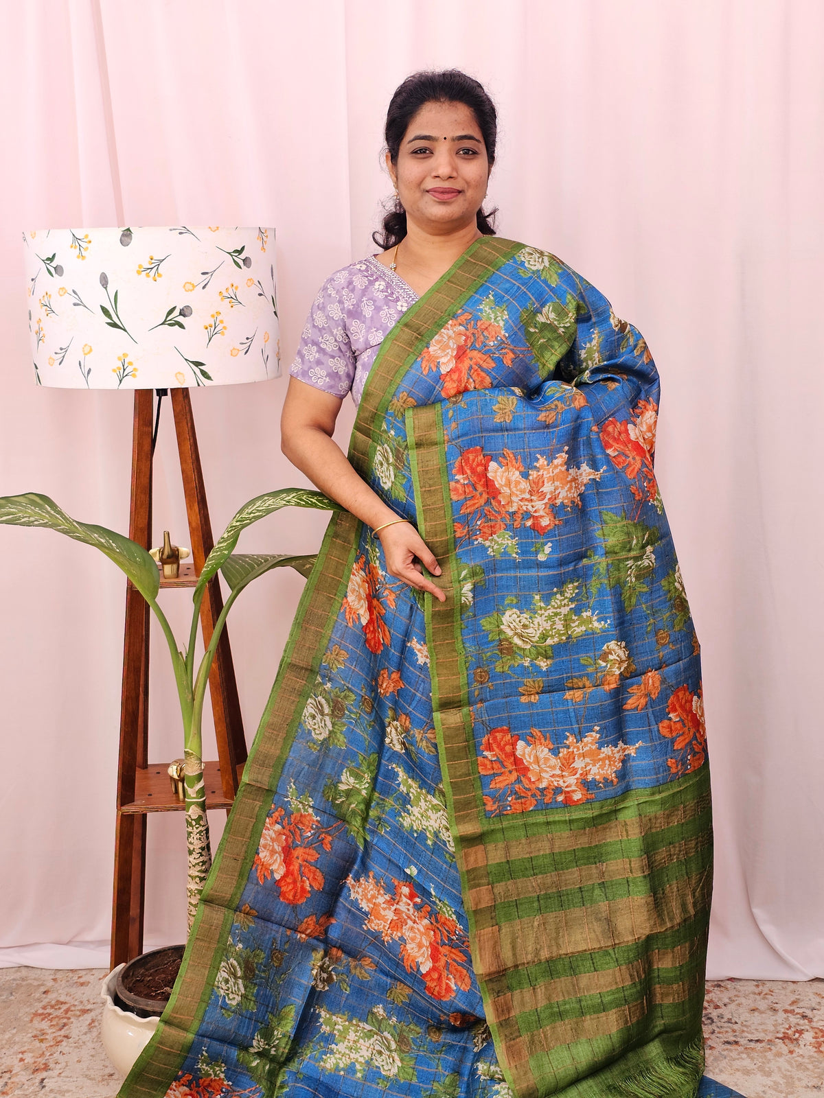 Pure Tussar Silk with Hand Paint - Blue with Green