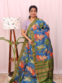 Pure Tussar Silk with Hand Paint - Blue with Green