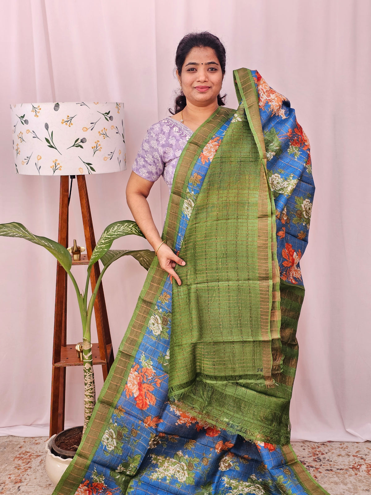 Pure Tussar Silk with Hand Paint - Blue with Green