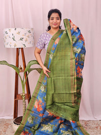 Pure Tussar Silk with Hand Paint - Blue with Green