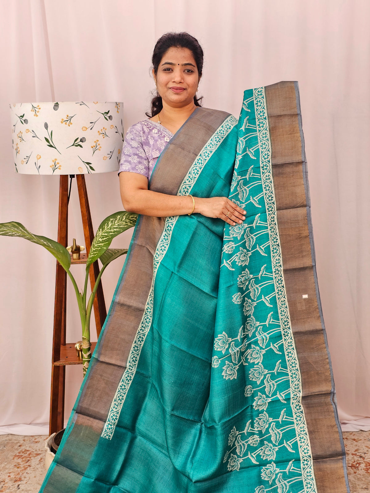 Pure Desi Tussar Silk  - Rama Green with Grey