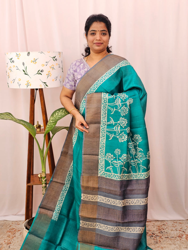 Pure Desi Tussar Silk  - Rama Green with Grey