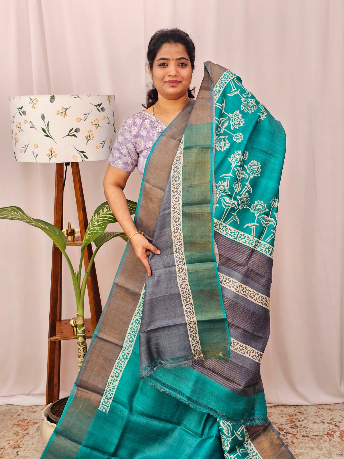 Pure Desi Tussar Silk  - Rama Green with Grey