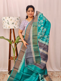 Pure Desi Tussar Silk  - Rama Green with Grey