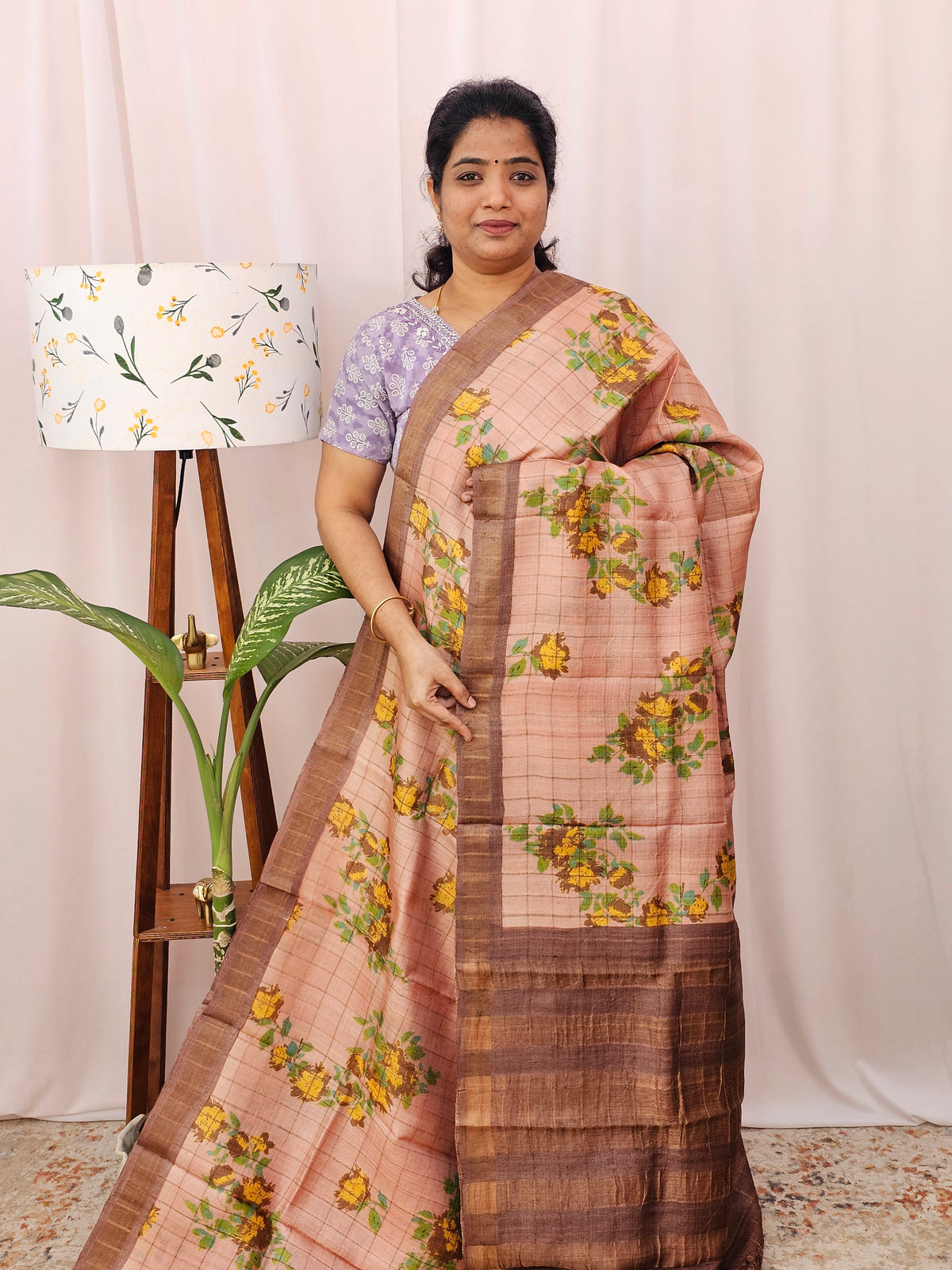 Pure Tussar Silk with Hand Paint - Onion Pink with Brown