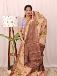Pure Tussar Silk with Hand Paint - Onion Pink with Brown