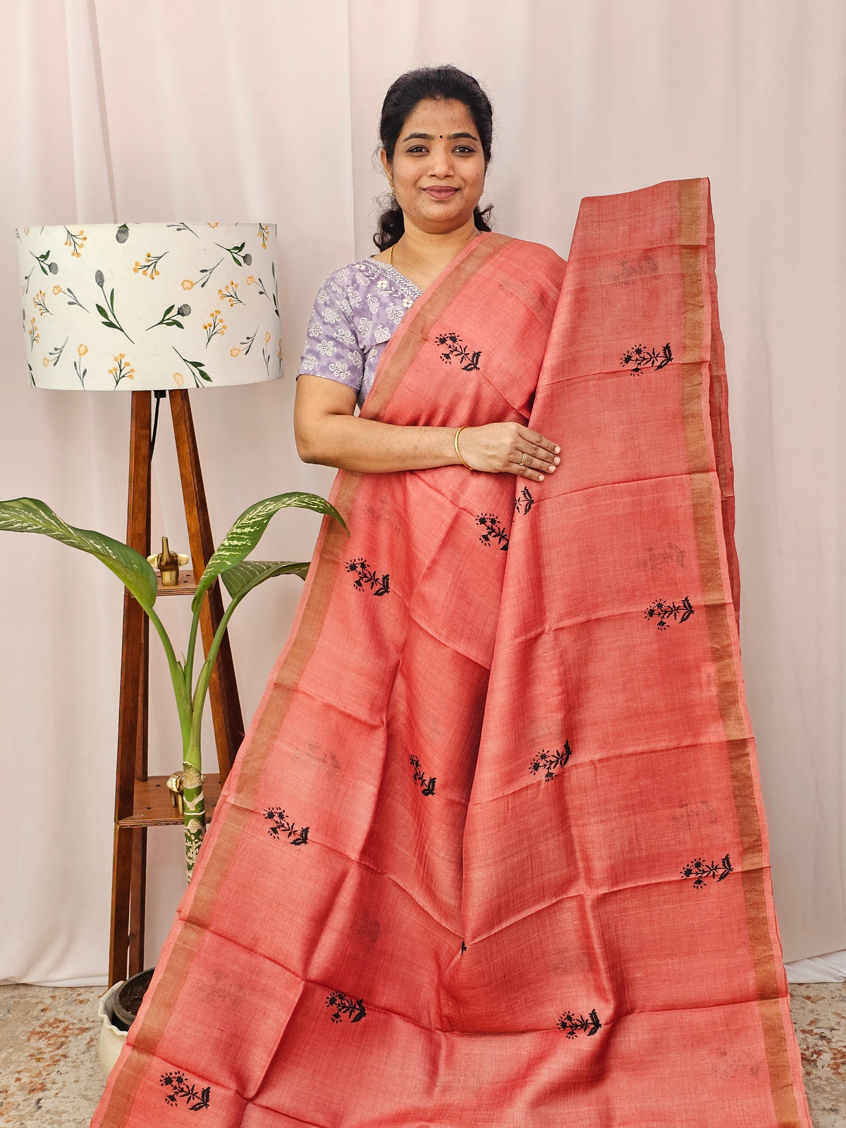Pure Tussar Silk with Hand Paint - Coral Pink
