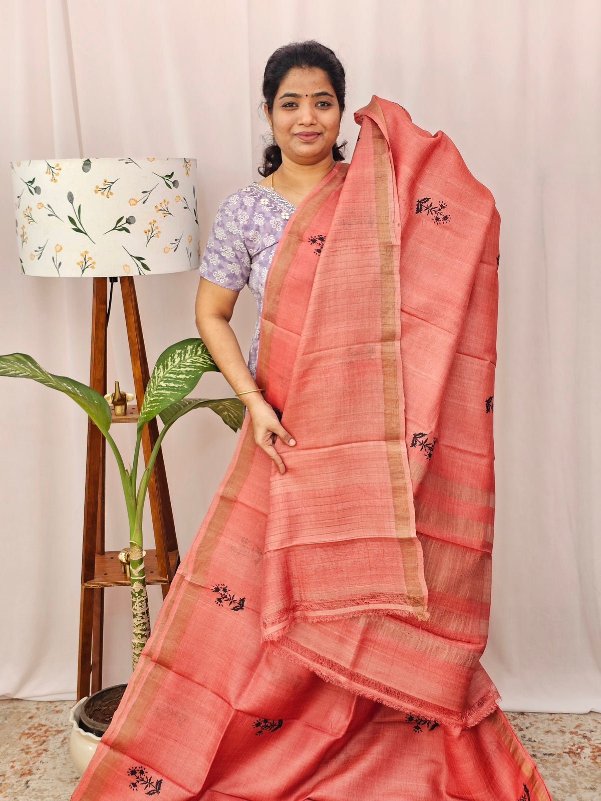 Pure Tussar Silk with Hand Paint - Coral Pink