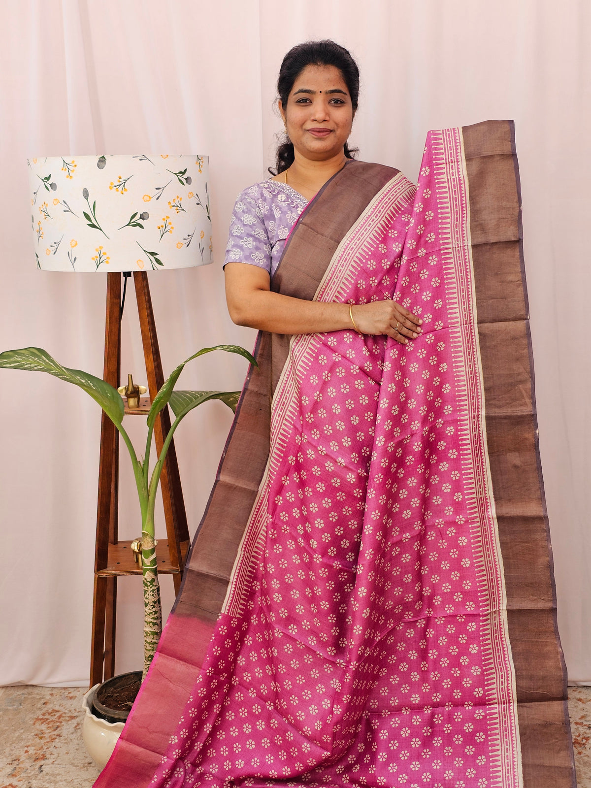 Pure Desi Tussar Silk  - Pink with Brown
