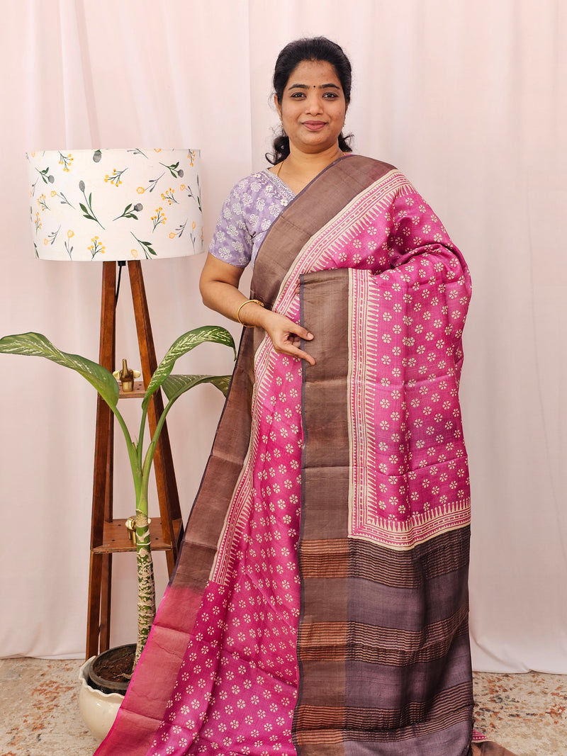 Pure Desi Tussar Silk  - Pink with Brown