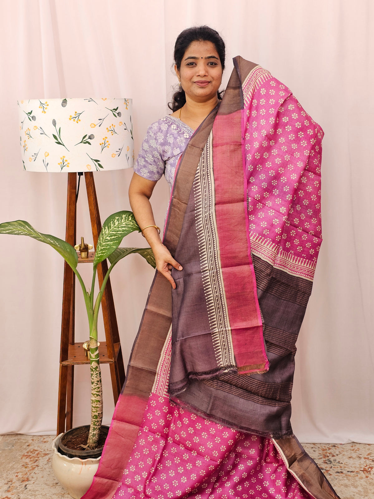 Pure Desi Tussar Silk  - Pink with Brown