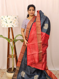 Pure Desi Tussar Silk  - Black with Maroon