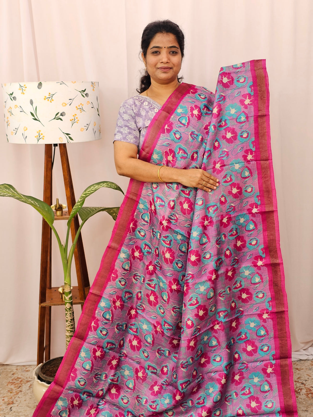 Pure Tussar Silk with Hand Paint - Purple with Pink