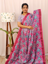 Pure Tussar Silk with Hand Paint - Purple with Pink