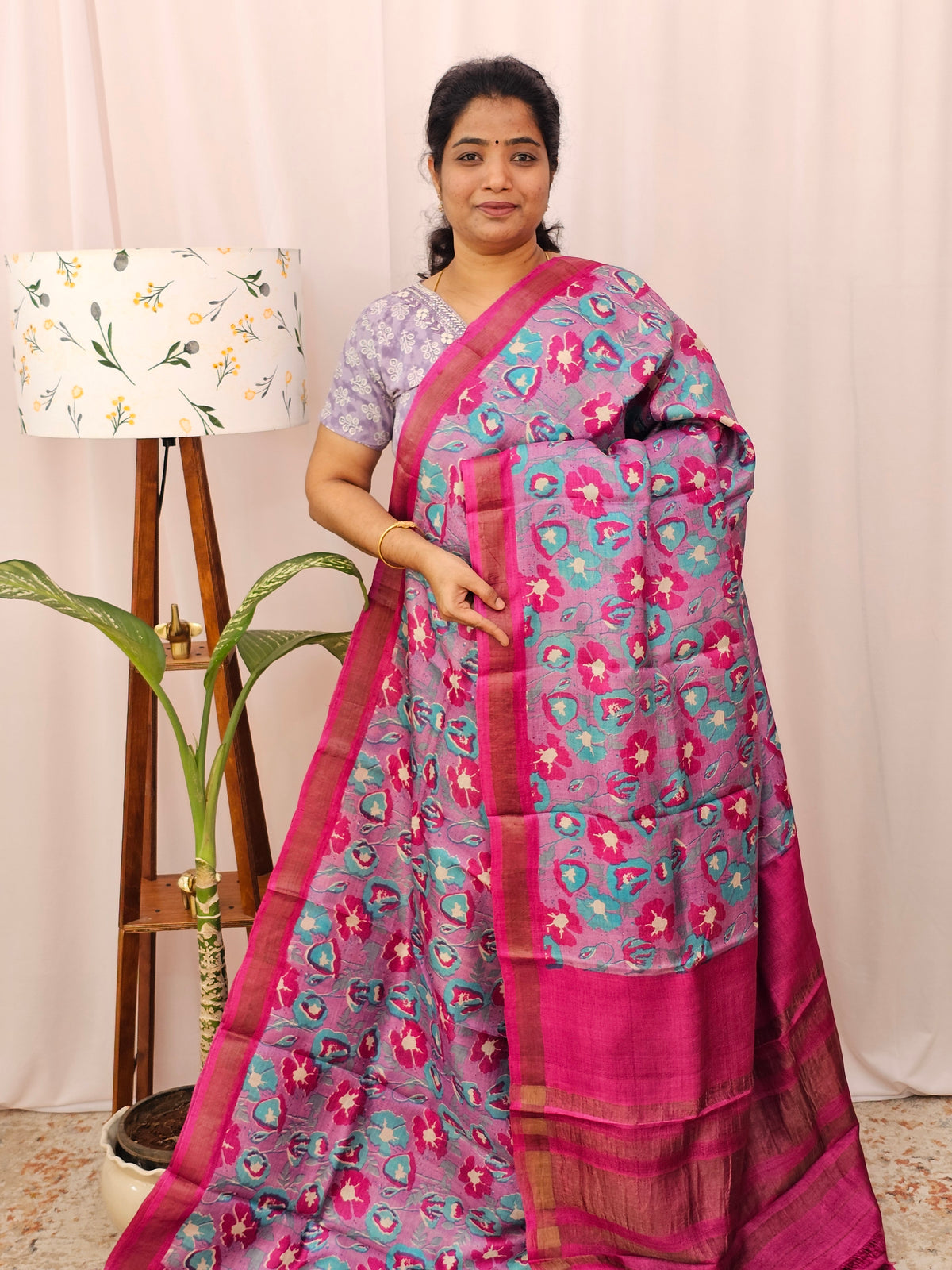 Pure Tussar Silk with Hand Paint - Purple with Pink