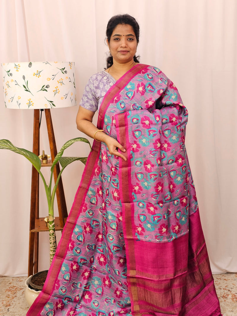 Pure Tussar Silk with Hand Paint - Purple with Pink