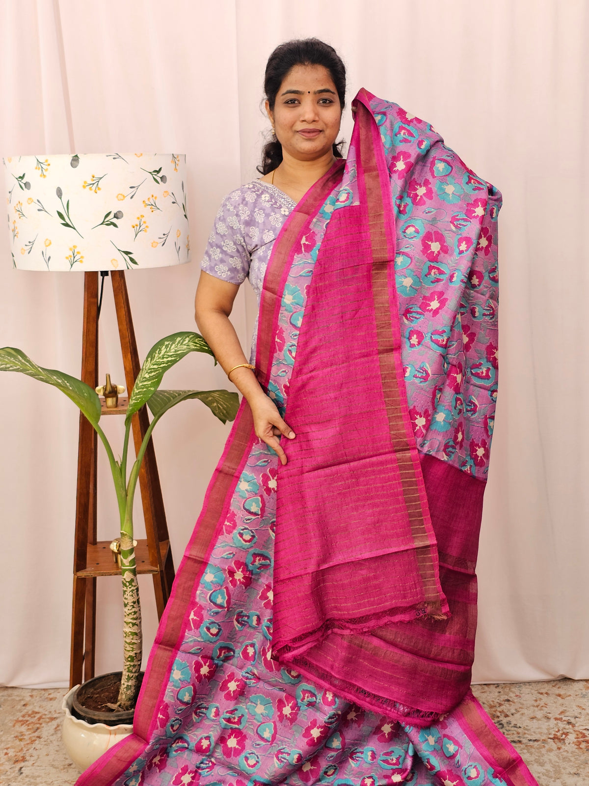 Pure Tussar Silk with Hand Paint - Purple with Pink