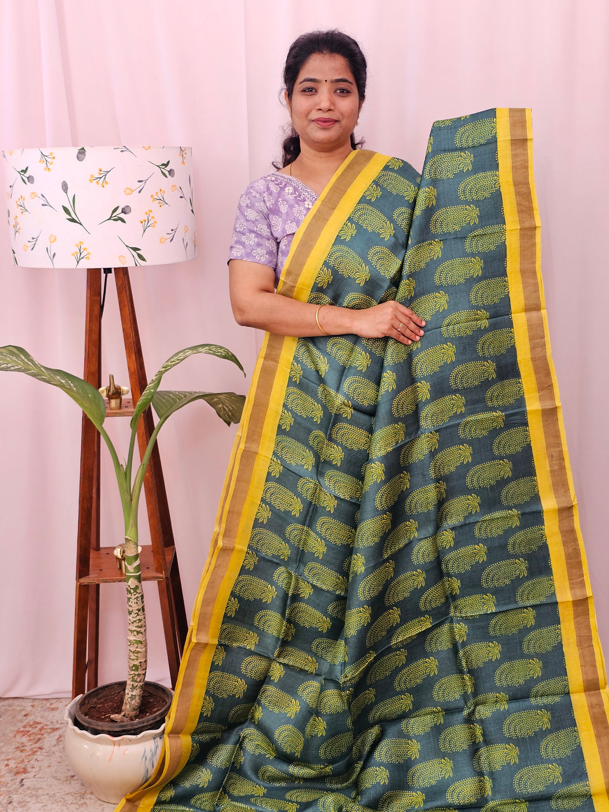 Pure Tussar Silk with Hand Paint -Green with Yellow