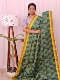 Pure Tussar Silk with Hand Paint -Green with Yellow