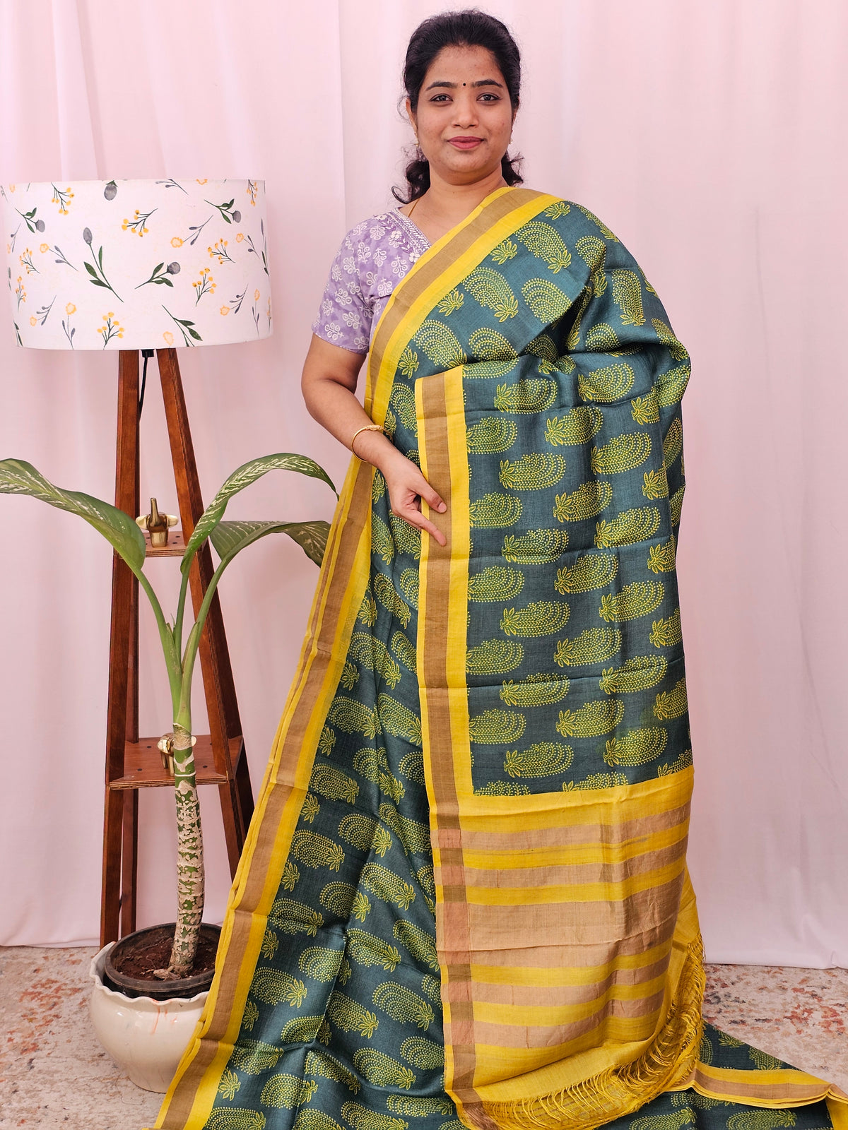 Pure Tussar Silk with Hand Paint -Green with Yellow