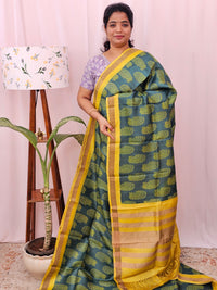 Pure Tussar Silk with Hand Paint -Green with Yellow