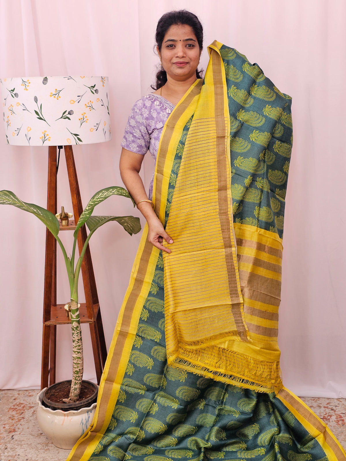 Pure Tussar Silk with Hand Paint -Green with Yellow