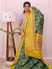 Pure Tussar Silk with Hand Paint -Green with Yellow