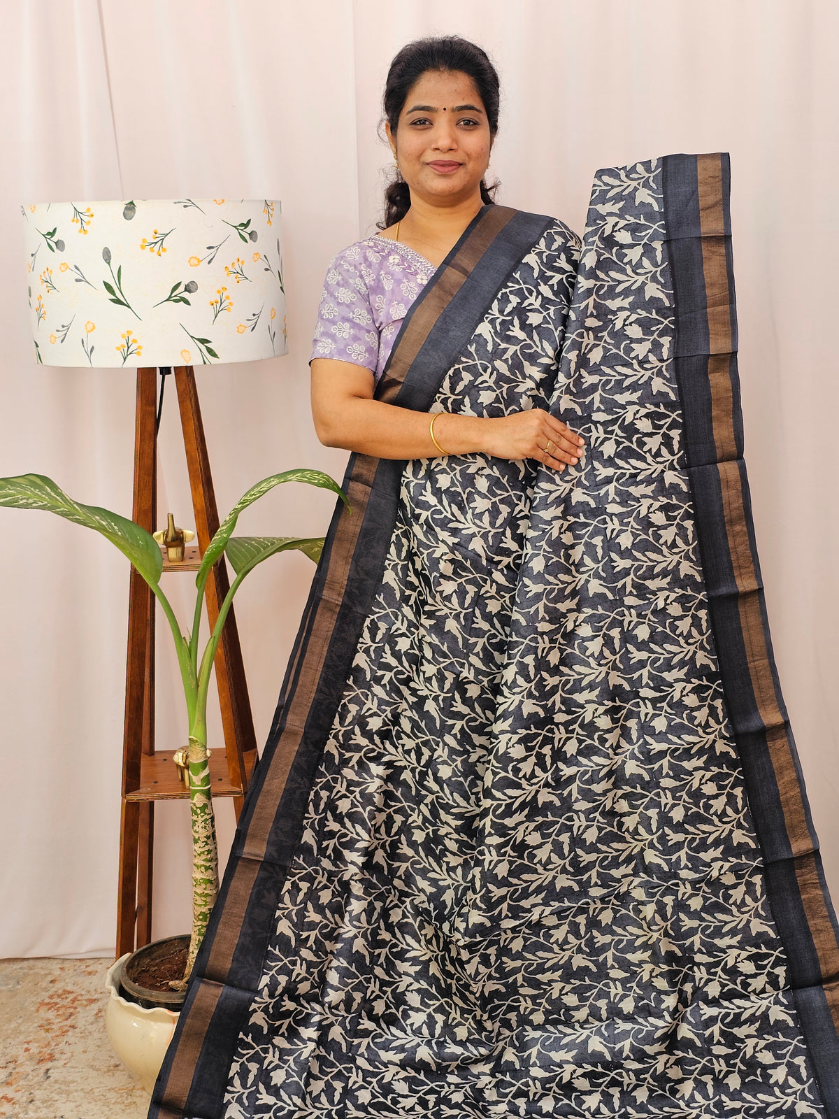 Pure Tussar Silk with Hand Paint -Green with Yellow