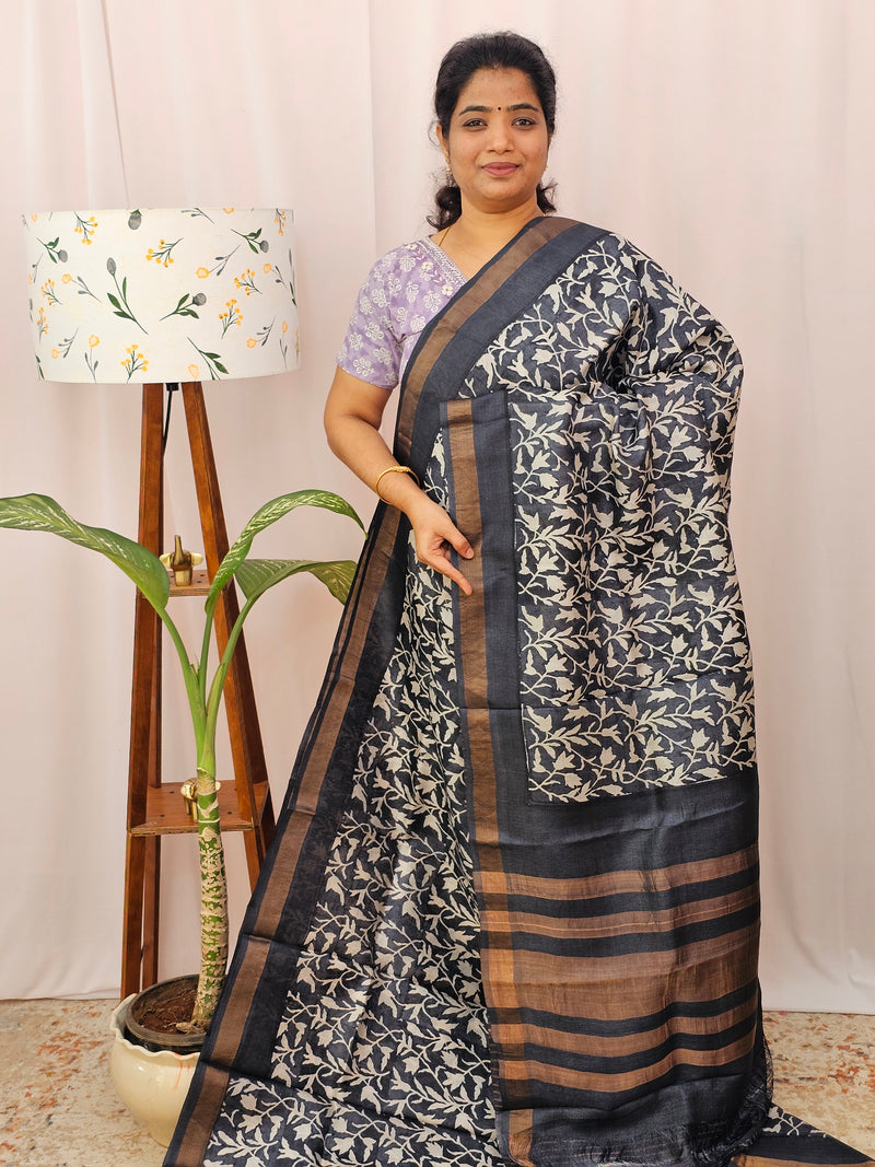 Pure Tussar Silk with Hand Paint -Green with Yellow