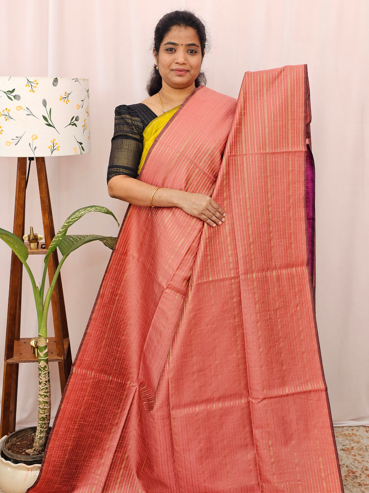 Semi Raw Silk - Peach with Magenta Pink
