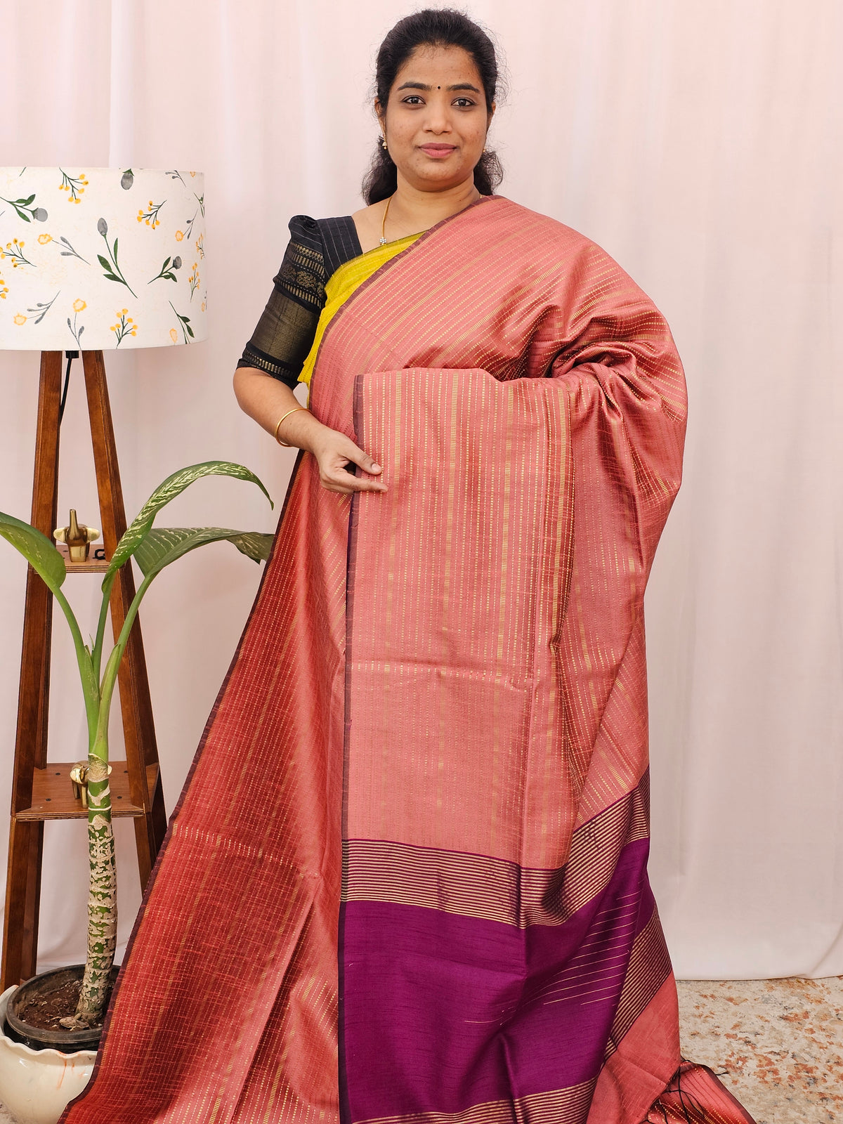 Semi Raw Silk - Peach with Magenta Pink