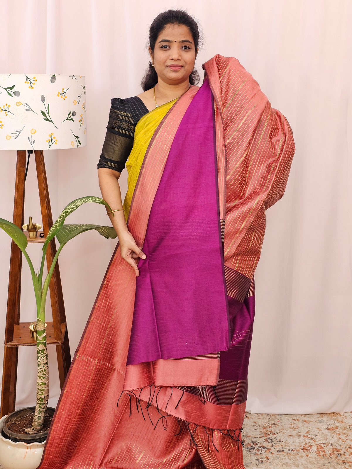 Semi Raw Silk - Peach with Magenta Pink