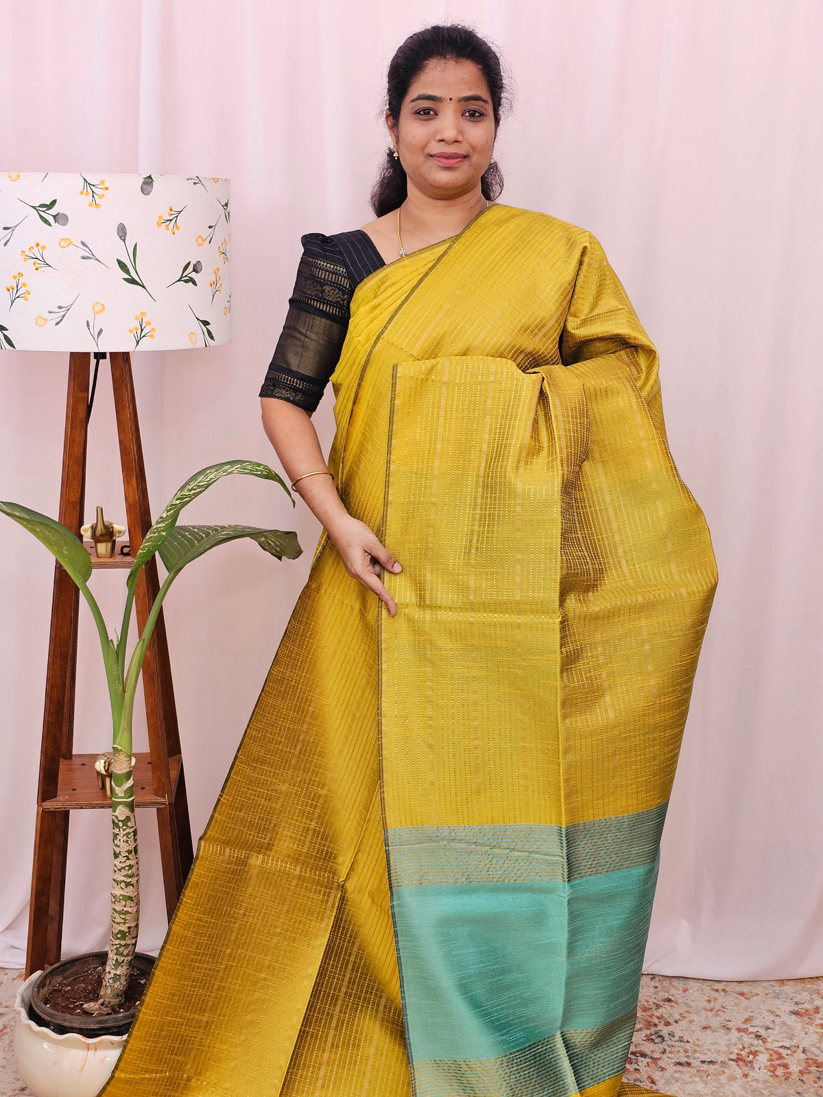 Semi Raw Silk - Yellow with Sea Gree